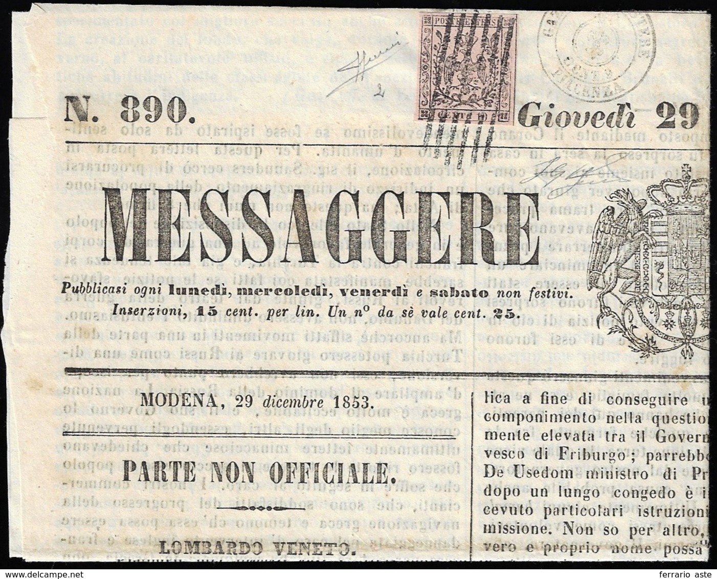 1853 - 10 Cent. Rosa Di Modena, I Emissione (2), Perfetto, Su Giornale "Messaggere Di Modena" Del 29... - Modena