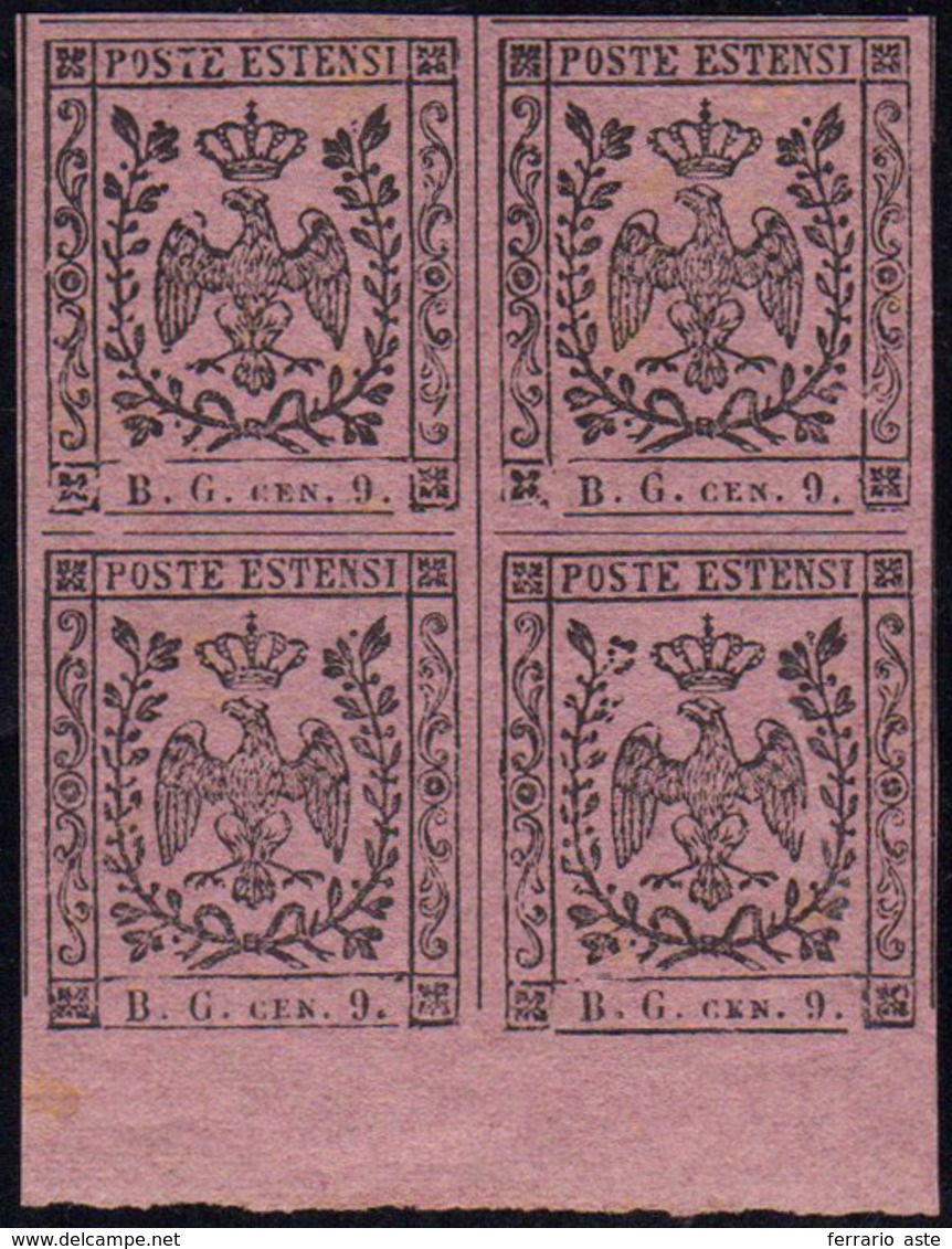 1853 - 9 Cent. Lettere B.G. Piccole (2), Blocco Di Quattro Bordo Di Foglio, Gomma Originale, Integra... - Modena