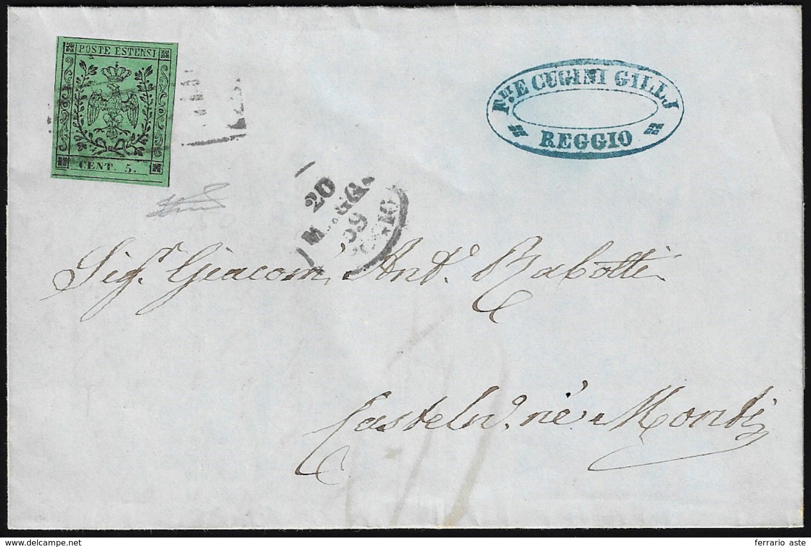 1859 - 5 Cent. Verde, II Emissione (7), Perfetto, Su Lettera Da Reggio 20/5/1859 A Castelnuovo Nei M... - Modène