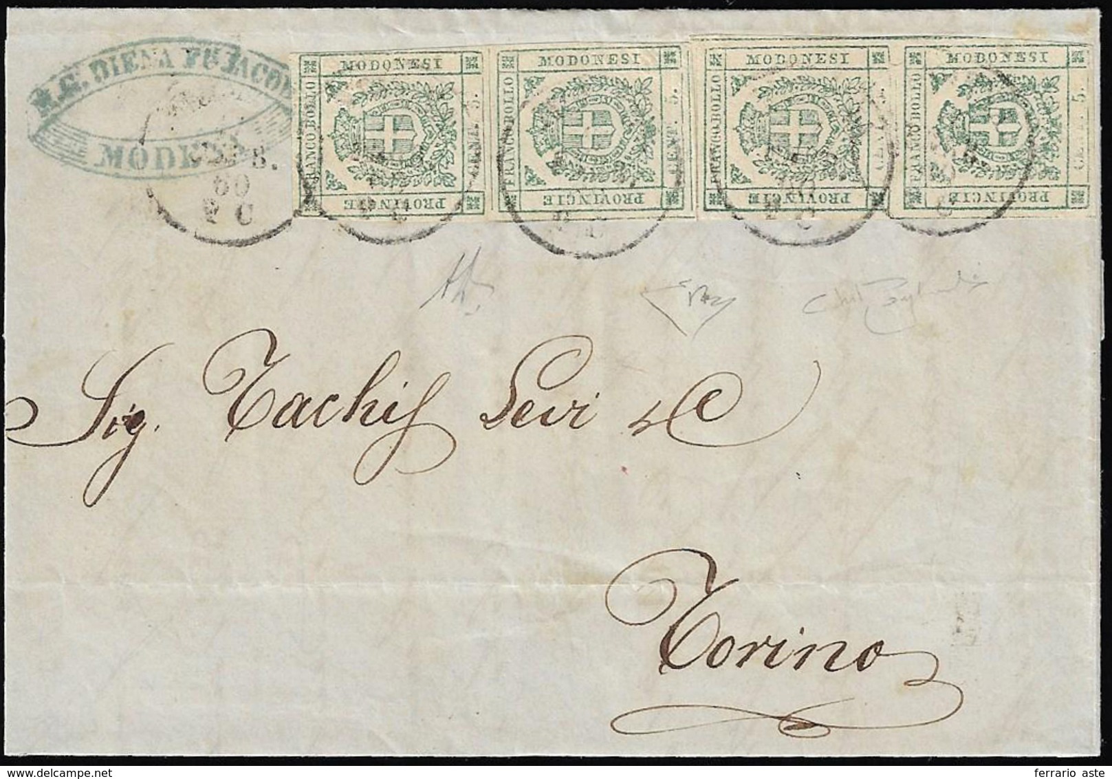 1860 - 5 Cent. Verde (12), Due Coppie, Perfette, Su Lettera Da Modena 17/2/1860 A Torino. Bella E Ra... - Modène