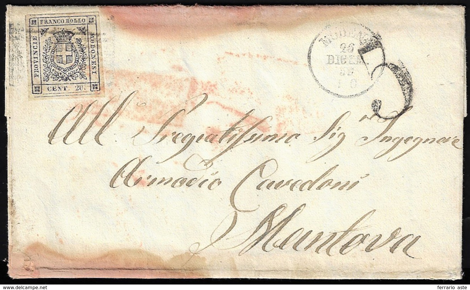 1859 - 20 Cent. Ardesia Violaceo (15), Perfetto, Su Lettera Con Evidenti Tracce Di Umidità Da Modena... - Modena