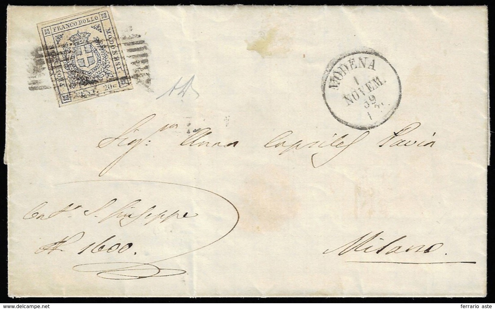 1859 - 20 Cent. Ardesia Violaceo (15), Perfetto, Su Lettera Da Modena 1/11/1859 A Milano. A.Diena.... - Modène