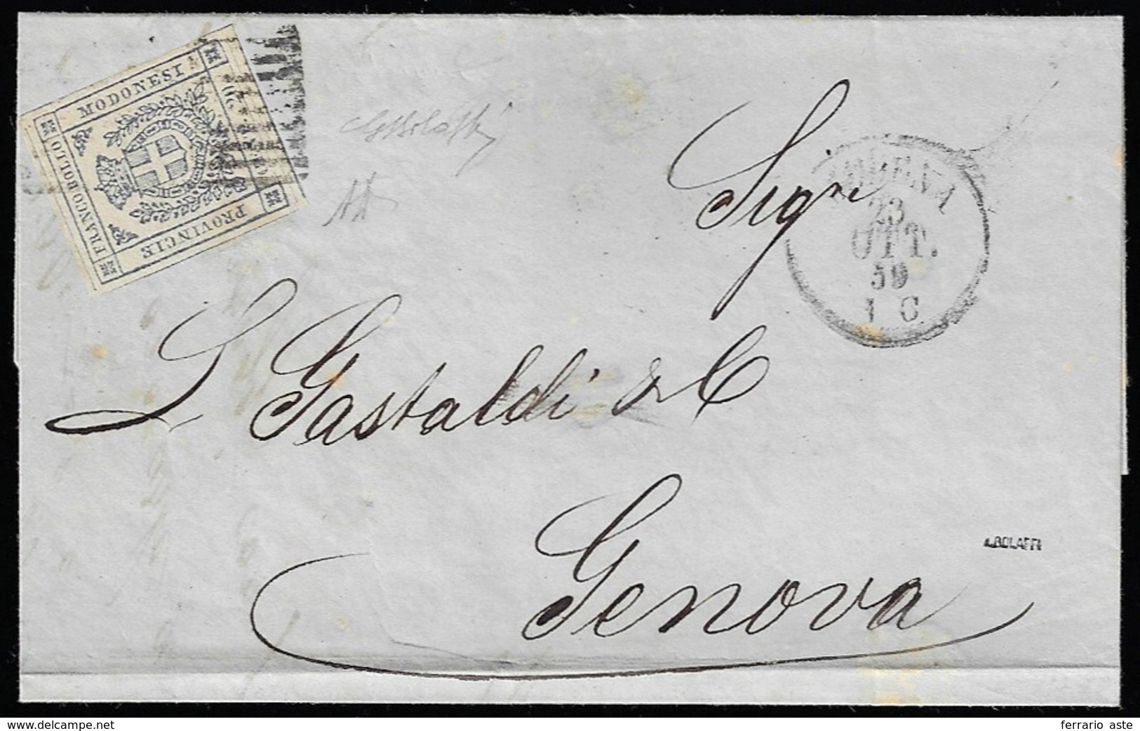 1859 - 20 Cent. Ardesia Violaceo (15), Perfetto, Su Lettera Da Modena 23/10/1859 A Genova. A.Diena, ... - Modena