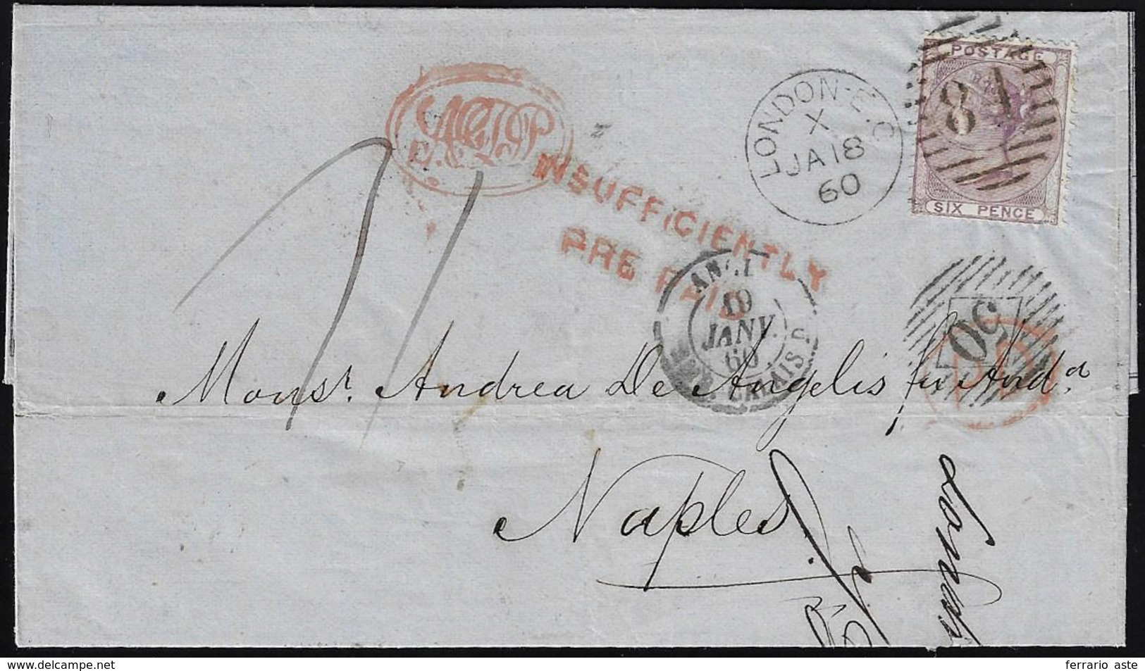 INCOMING MAIL GRAN BRETAGNA 1860 - 6 P. Vittoria (19), Ottimo Stato, Su Lettera Insufficientemente A... - Nápoles