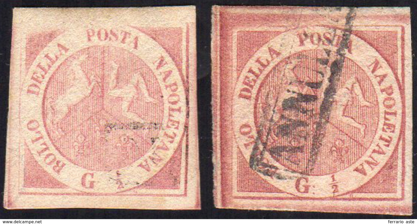 1858 - 1/2 Grano Rosa Chiaro, I Tavola, 1/2 Grano Carminio, II Tavola (1,2) Usati, Perfetti. Belli! ... - Nápoles