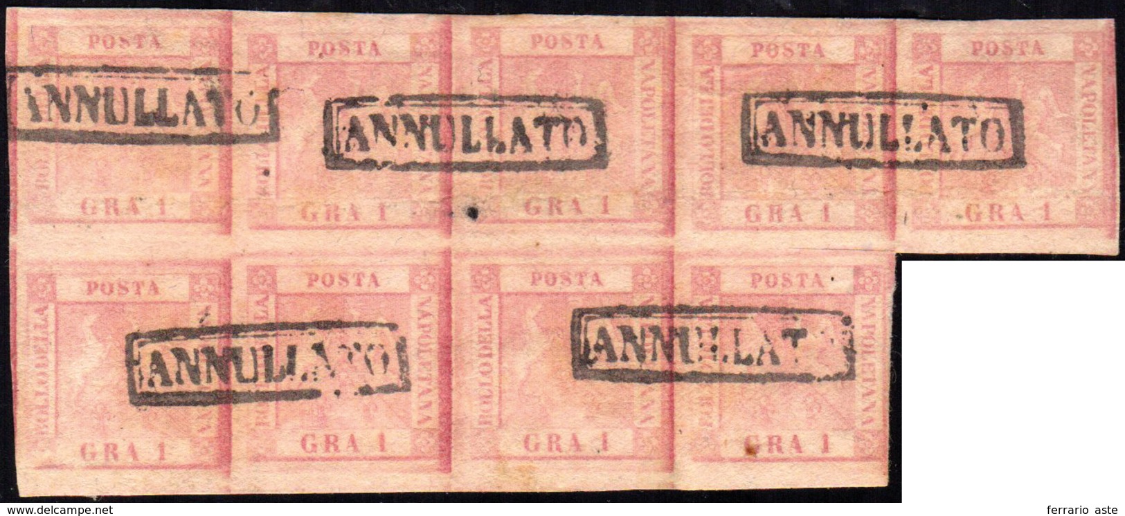 1858 - 1 Grano Rosa Lillaceo, I Tavola (3a), Blocco Di Nove Esemplari, Usato, Perfetto. Bello E Raro... - Naples