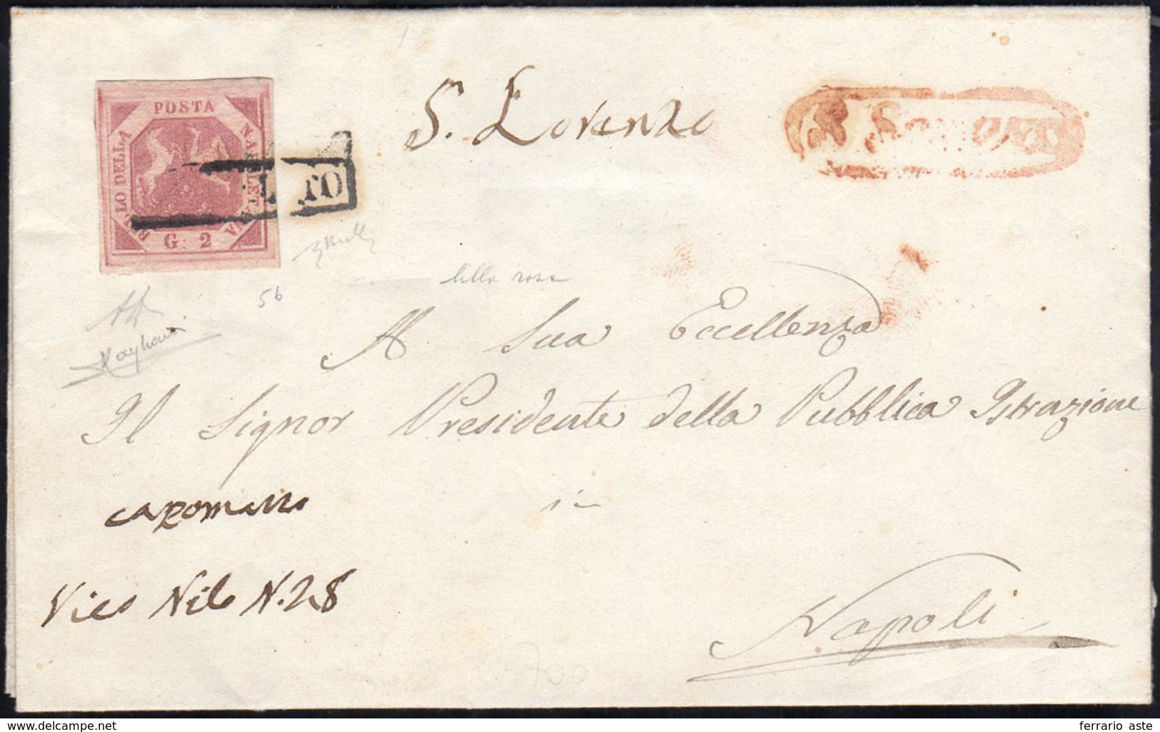 1858 - 2 Grana Lilla Rosa, I Tavola (5b), Perfetto, Su Lettera Da San Severo 8/6/1858 A Napoli. Bell... - Nápoles