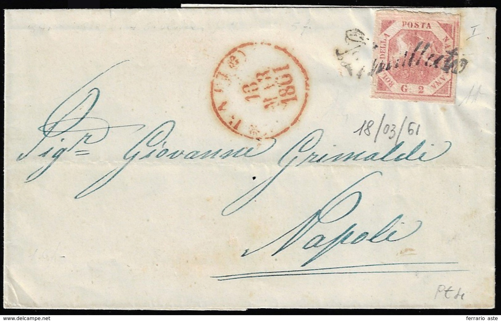 1861 - 2 Grana Rosa Carminio, I Tavola (5d), Perfetto, Su Sovracoperta Di Lettera Da Bari 18/3/1861 ... - Naples