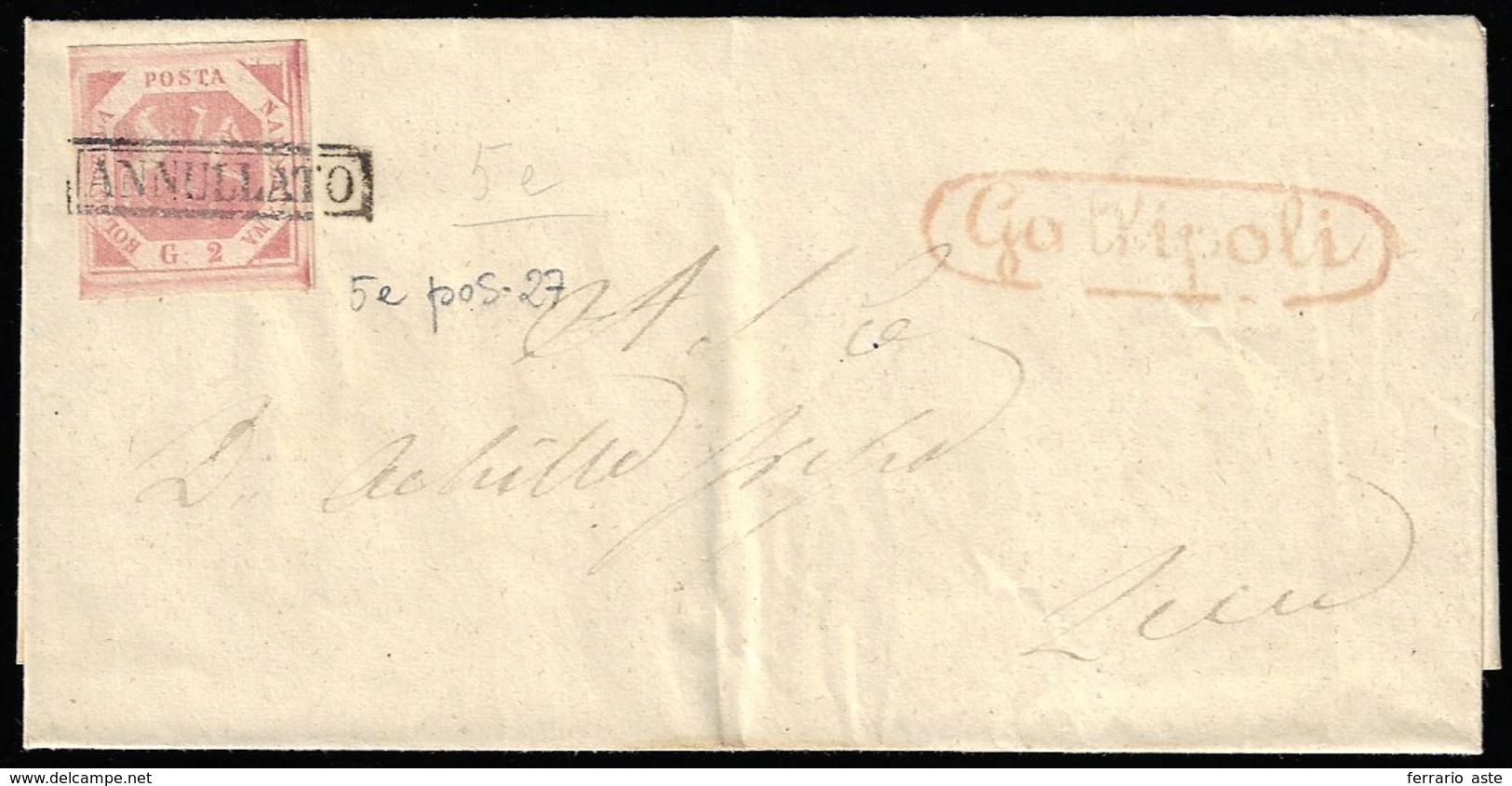 1858 - 2 Grana Carminio, I Tavola, Doppia Incisione, Pos. 27 (5e/p), Perfetto, Su Sovracoperta Di Le... - Naples