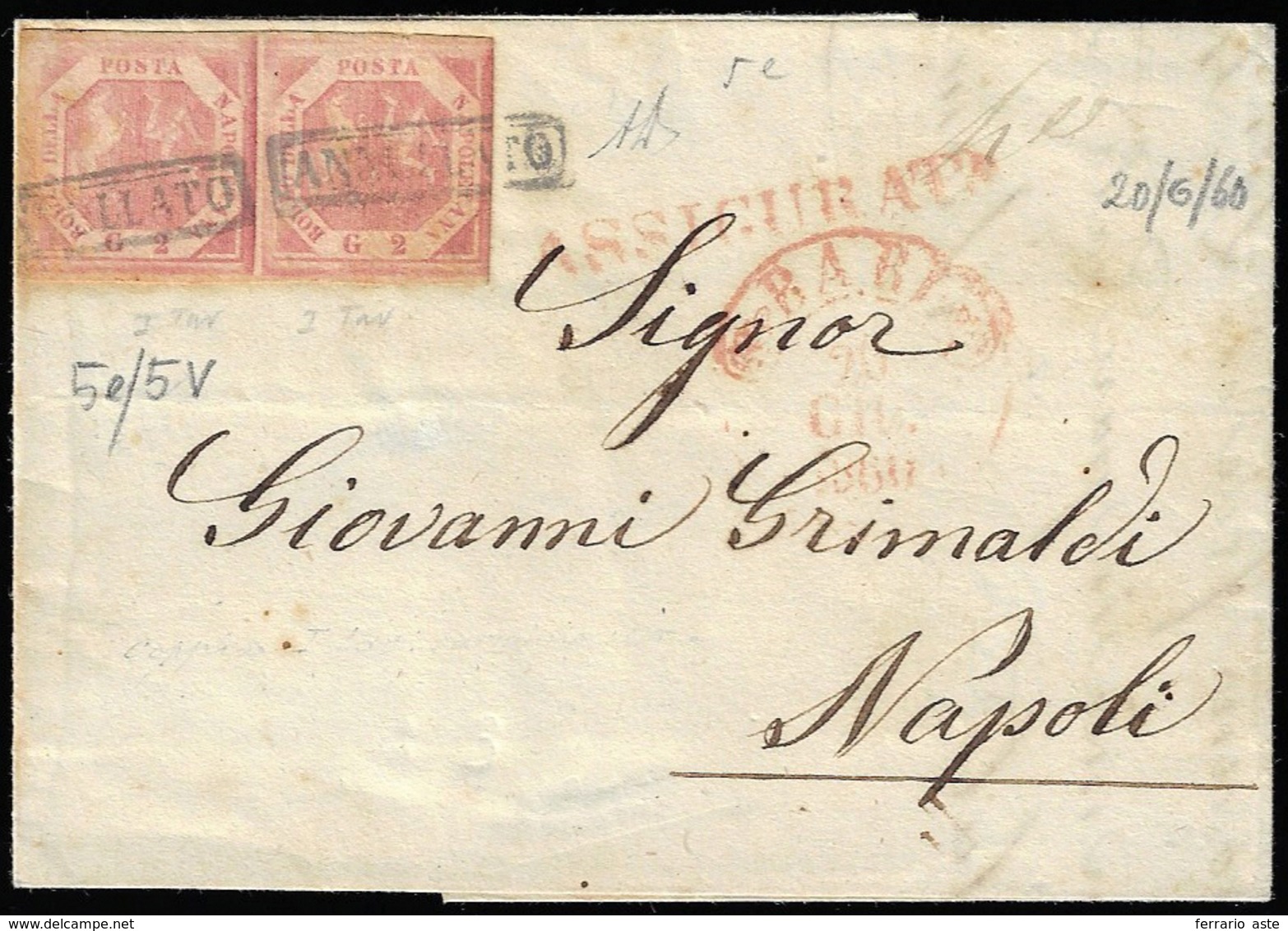 1860 - 2 Grana Carminio, I Tavola, Coppia, Un Esemplare Senza Filigrana (5e/5v), Perfetta, Su Letter... - Nápoles