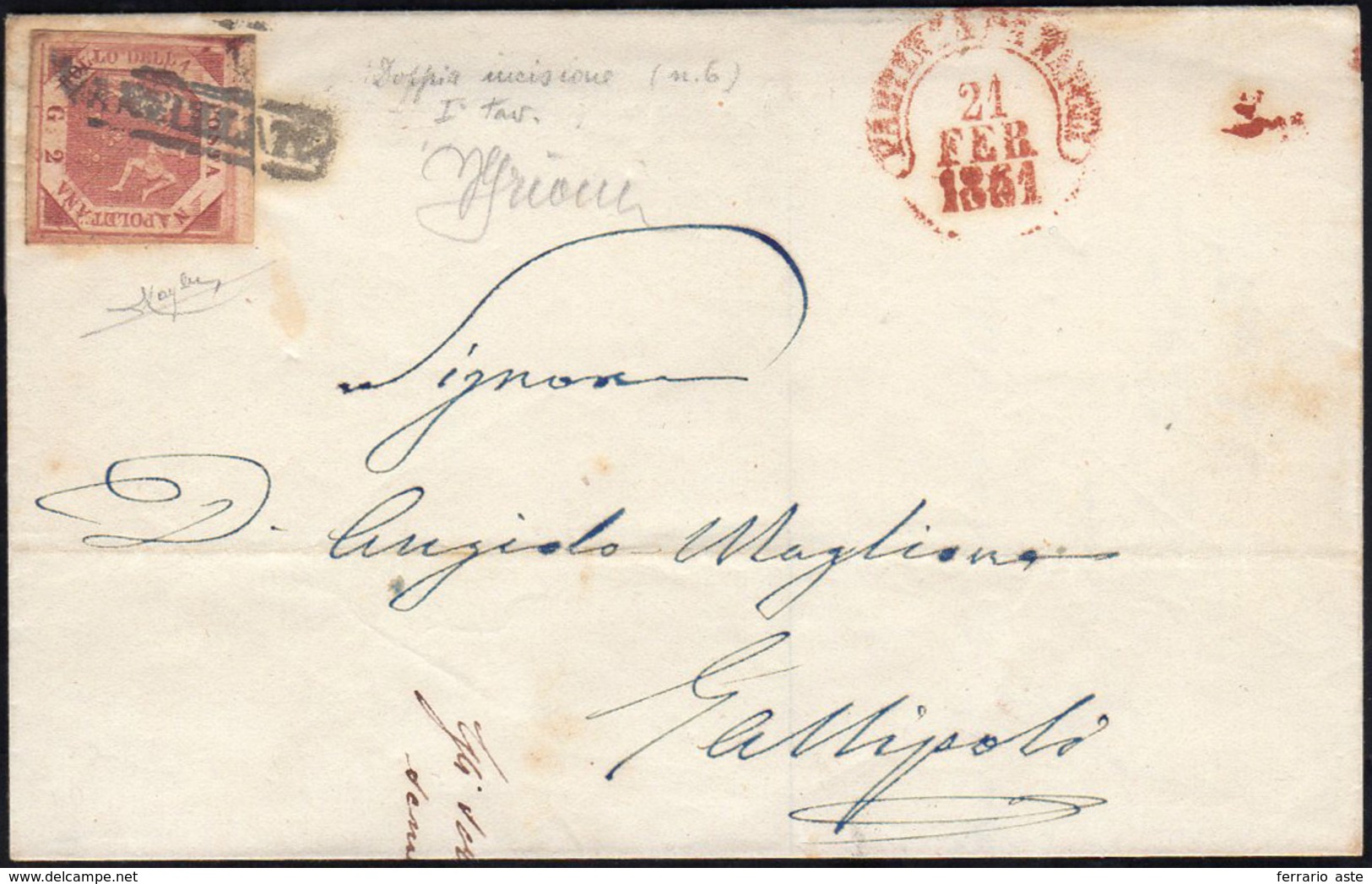 1861 - 2 Grana Carminio Cupo, I Tavola, Bella Ed Evidente Doppia Incisione, Pos. 6 (5g/k), Perfetto,... - Naples