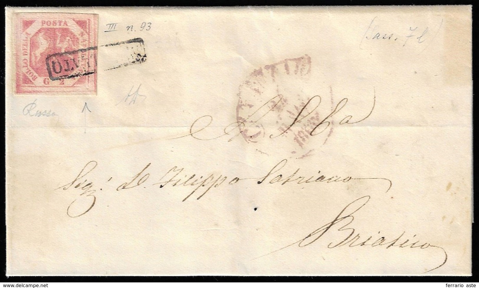 1860 - 2 Grana Rosa Brunastro, III Tavola, Varietà Angolo Inferiore Destro Incompleto, Pos. 93 (7l),... - Naples