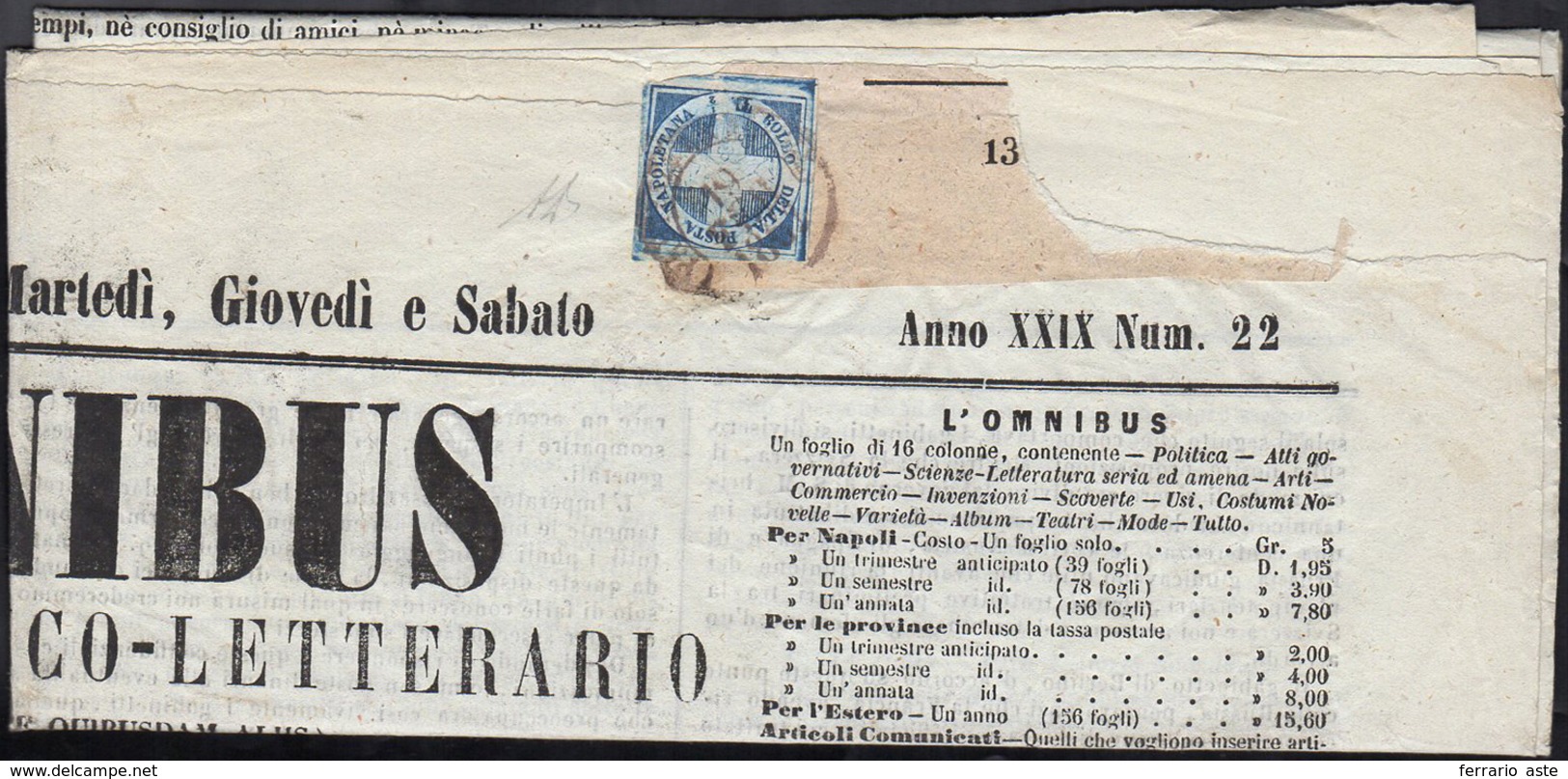 1861 - 1/2 Tornese Azzurro Crocetta (16), Perfetto, Su Giornale Completo "L'Omnibus" Spedito Da Napo... - Naples