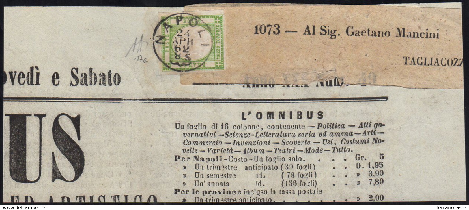 1862 - 1/2 Tornese Verde Giallo (17e), Perfetto, Su Testata Di Giornale "L'Omnibus" Da Napoli 24/4/1... - Naples