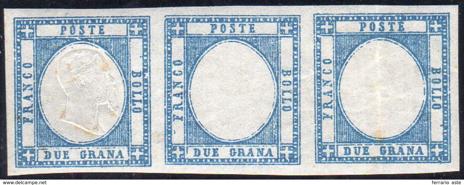 1861 - 2 Grana Azzurro Chiaro, Striscia Di Tre, Il Primo Esemplare Con Effige, Gli Altri Senza (20i)... - Naples