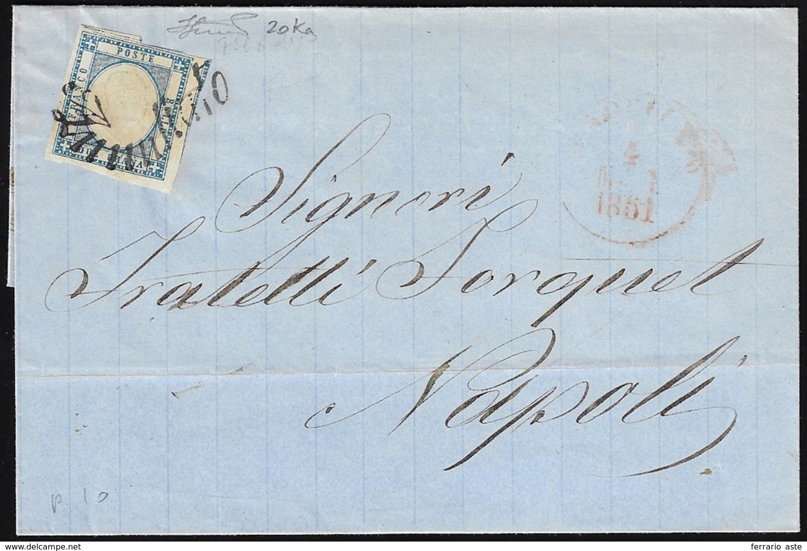 1861 - 2 Grana Azzurro, Doppio Filetto Di Inquadratura In Alto (20ka), Perfetto, Su Sovracoperta Di ... - Naples