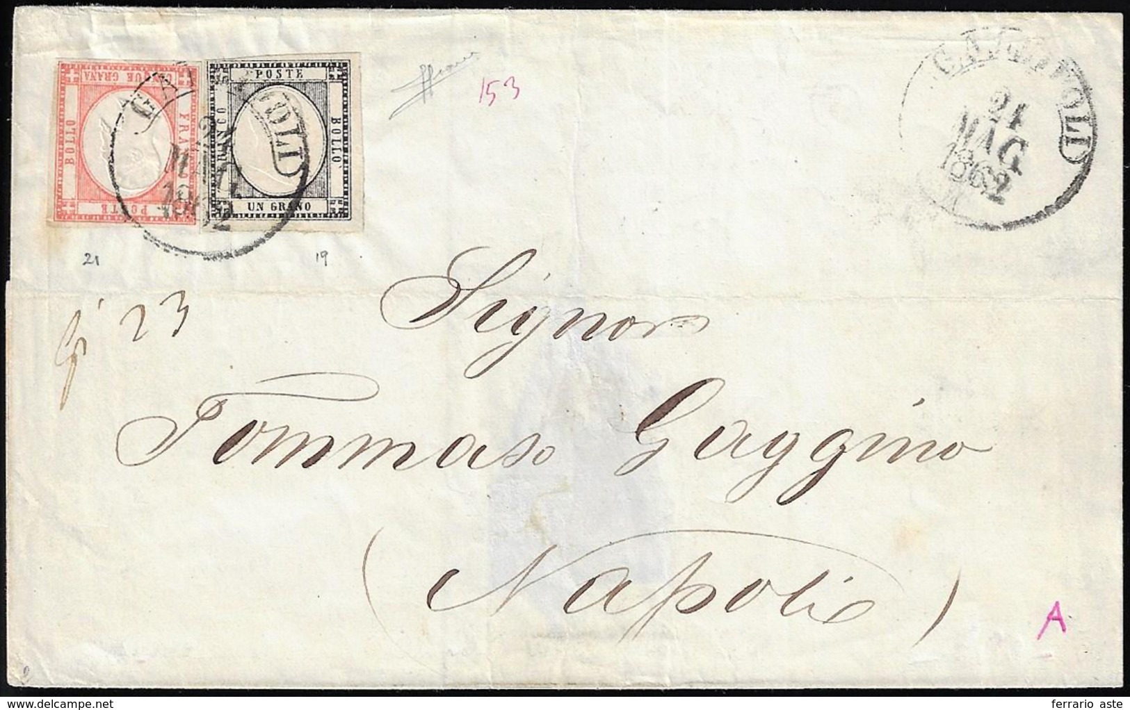 1862 - 5 Grana Rosso Carminio, 1 Grano Nero (21,19), Perfetti, Su Sovracoperta Di Lettera Di Terzo P... - Naples