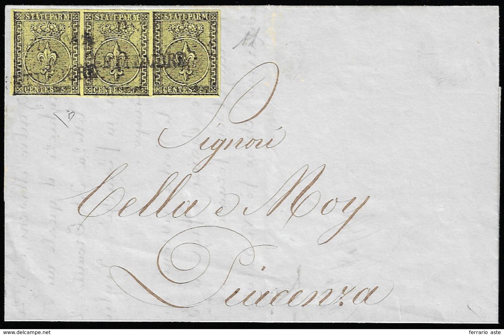 1853 - 5 Cent. Giallo Arancio (1), Striscia Di Tre, Perfetto, Su Lettera Da Parma 1/9/1853 A Piacenz... - Parma