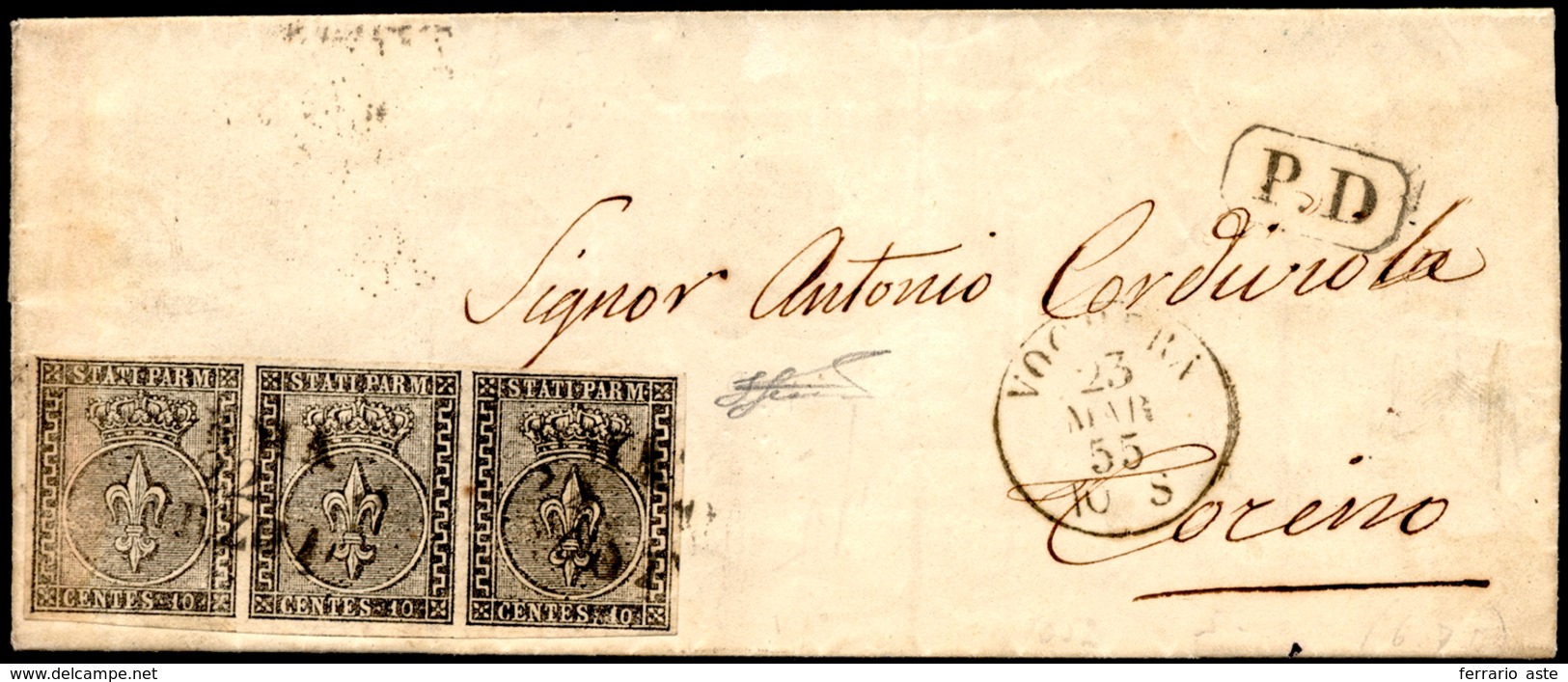 1855 - 10 Cent. Bianco (2), Striscia Di Tre, Ben Marginata, Lieve Ingiallimento Su Un Esemplare, Su ... - Parma