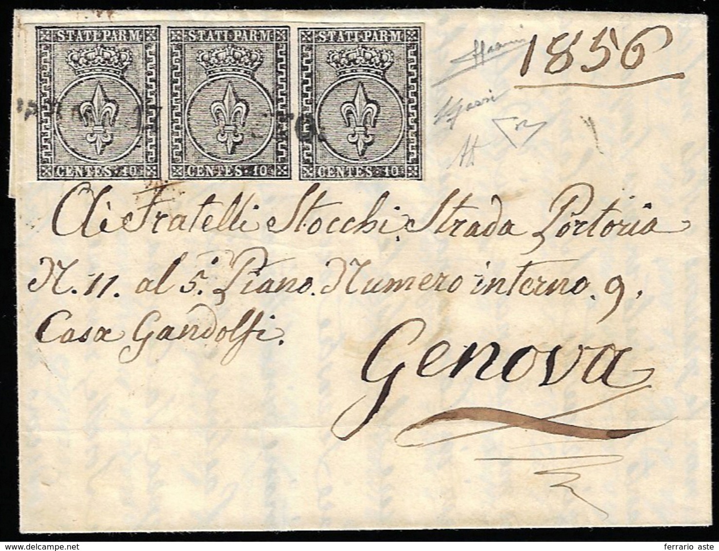 1856 - 10 Cent. Bianco (2), Striscia Di Tre, Bordo Di Foglio, Perfetta, Su Sovracoperta Di Lettera D... - Parma