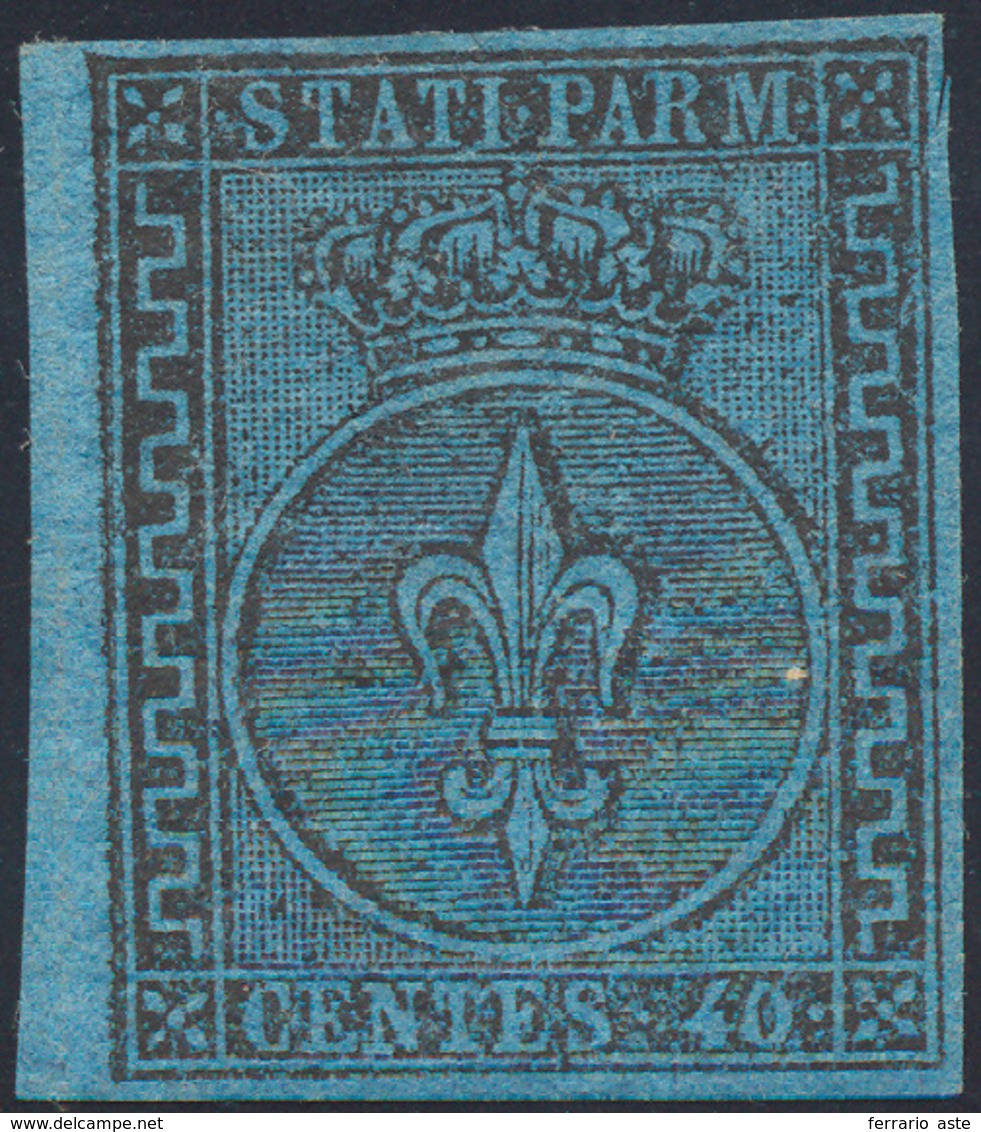 1852 - 40 Cent. Azzurro (5), Margine Di Foglio A Sinistra, Nuovo, Gomma Originale, Perfetto. Molto F... - Parma