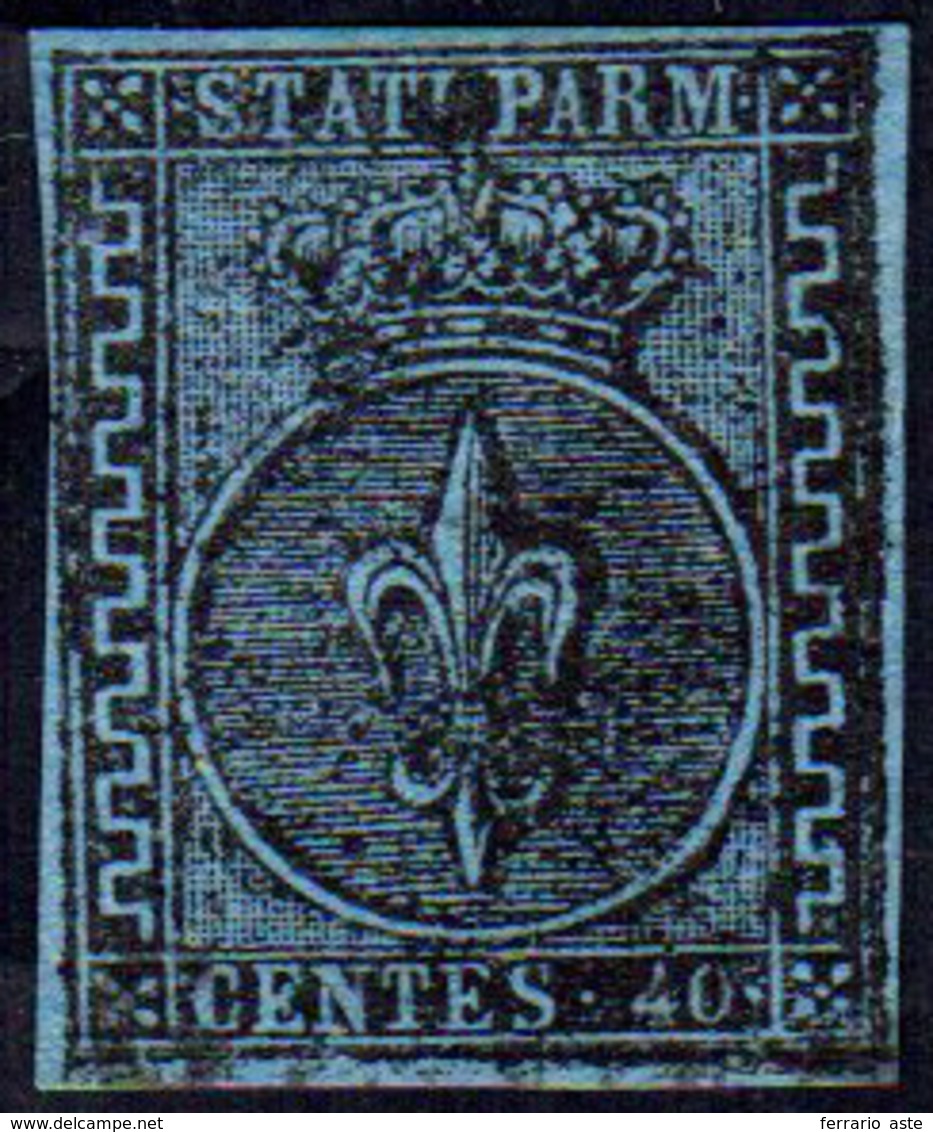 1852 - 40 Cent. Azzurro (5), Usato, Perfetto. A.Diena.... - Parma