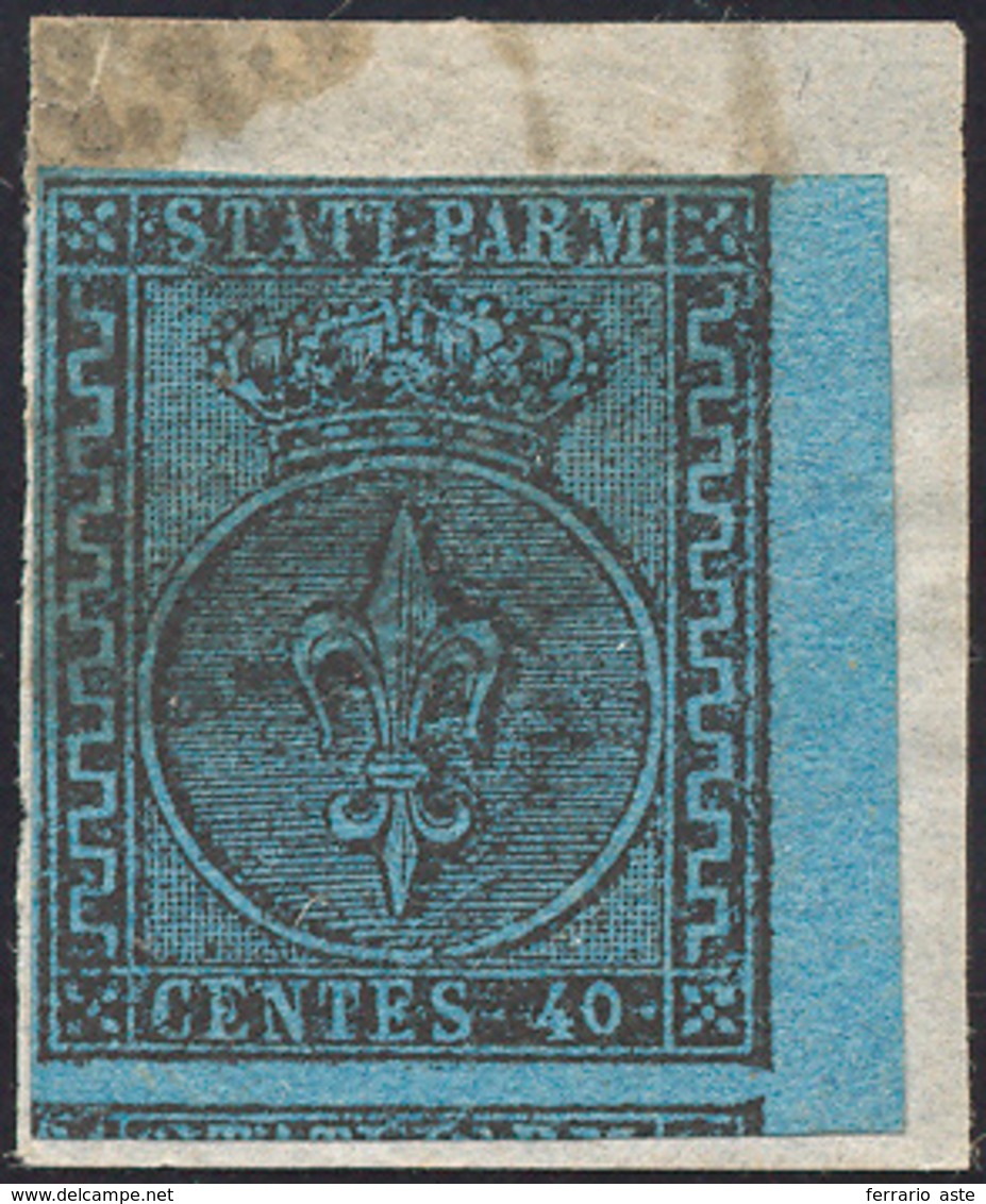 1852 - 40 Cent. Azzurro Chiaro (5a), Bordo Di Foglio A Destra, Perfetto, Usato Su Piccolo Frammento.... - Parma