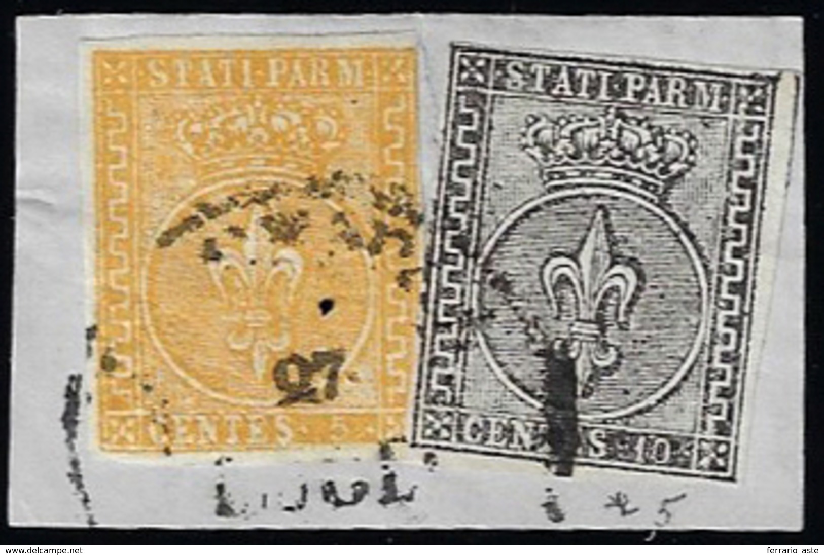 1853 - 5 Cent. Giallo Arancio, 10 Cent. Bianco (6,2), Ottimo Stato, Usati Su Piccolo Frammento A Pia... - Parma