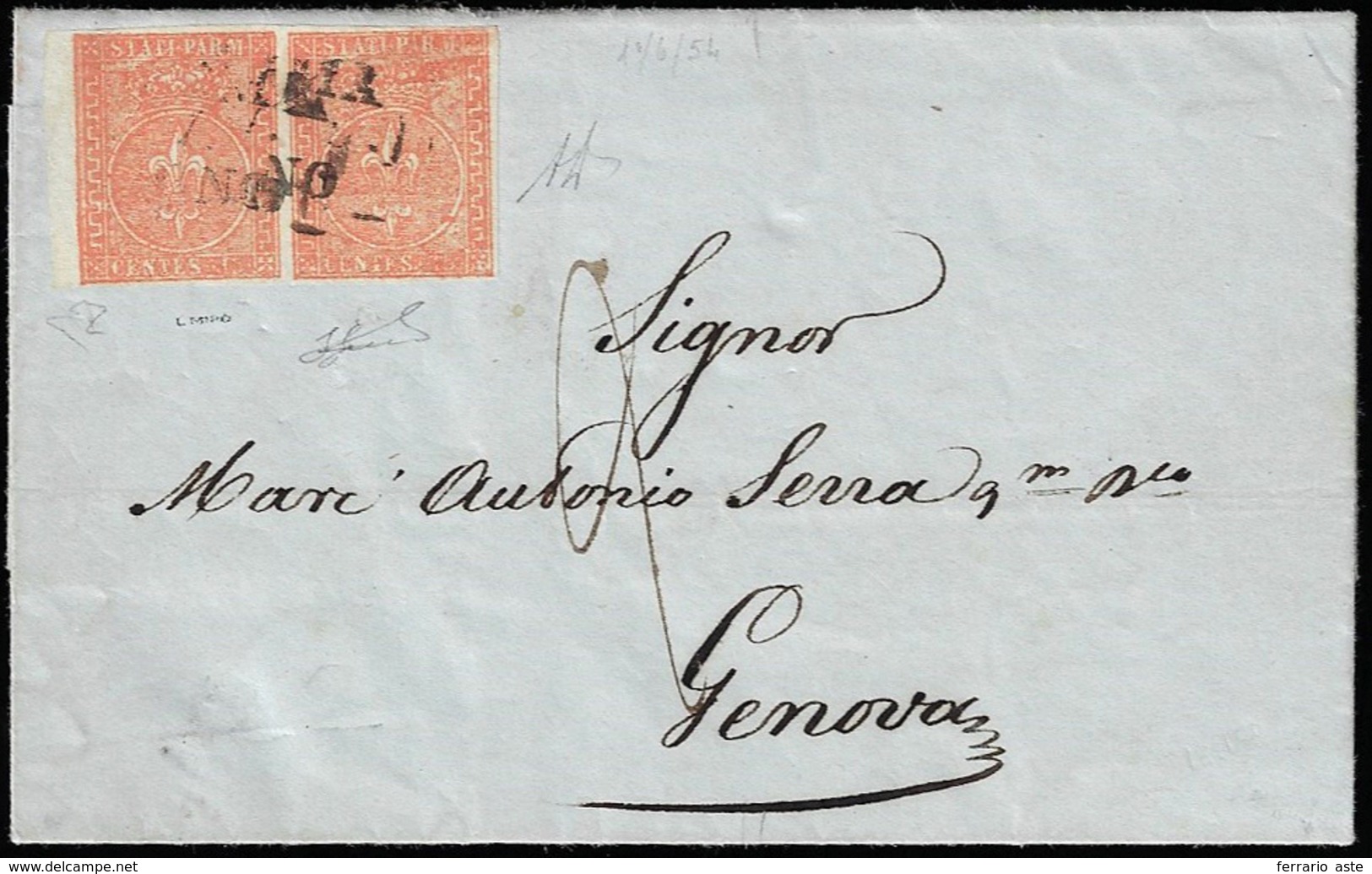 1854 - 15 Cent. Vermiglio (7), Coppia Bordo Di Foglio, L'esemplare Di Destra Con Varietà Di Cliché, ... - Parma