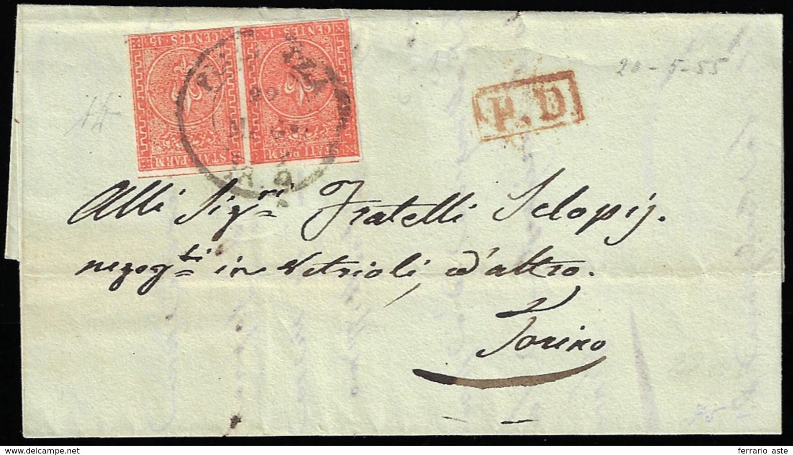 1855 - 15 Cent. Vermiglio (7), Coppia, Perfetta, Su Lettera Da Piacenza 29/5/1855 A Torino. Molto Fr... - Parma