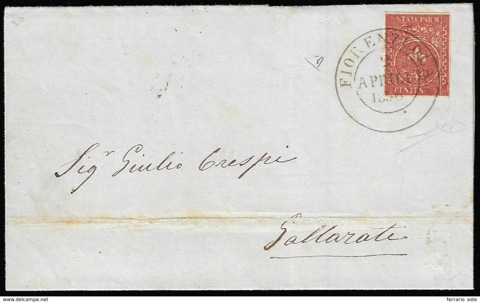 1856 - 25 Cent. Bruno Rosso (8), Perfetto, Su Sovracoperta Di Lettera Da Fiorenzuola 2/4/1856 A Gall... - Parma