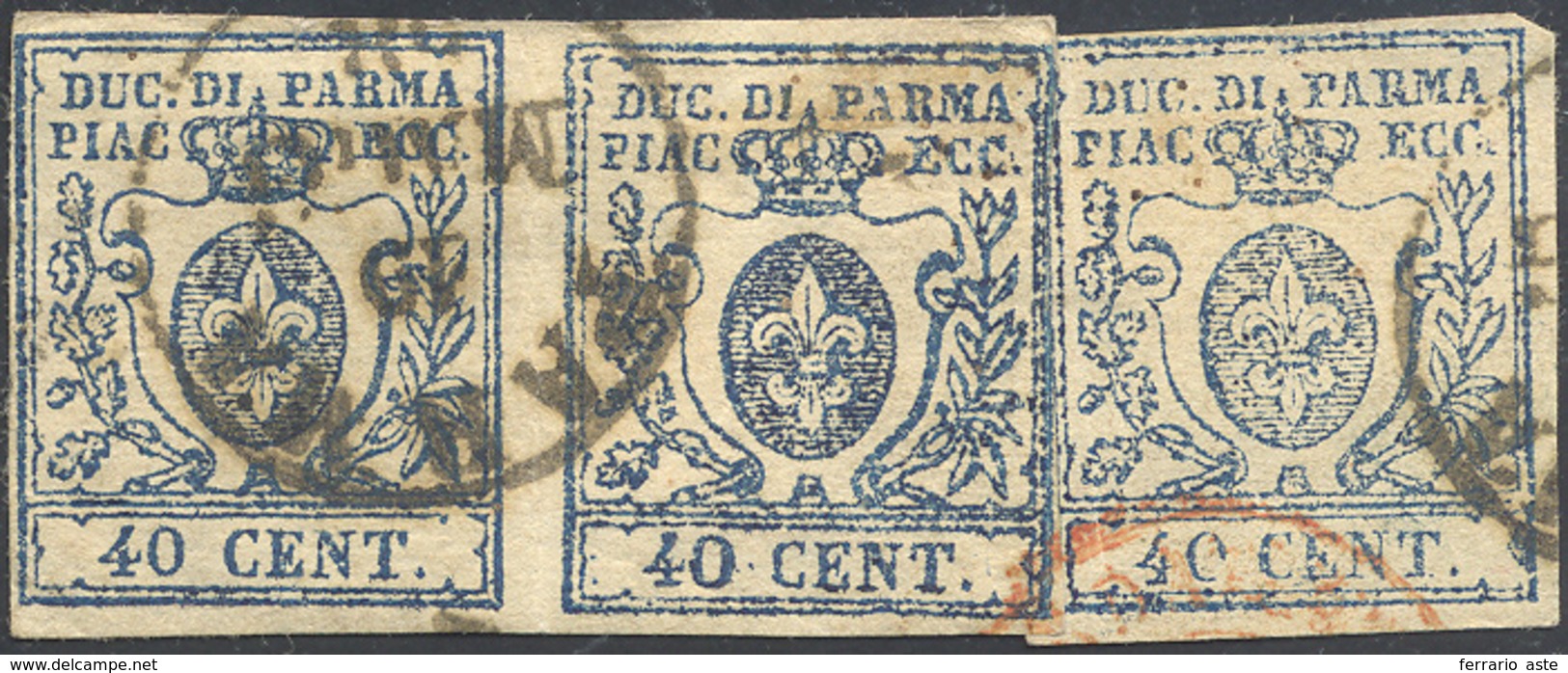 1857 - 40 Cent. Azzurro, Stampa Difettosa Da Stereotipo Ossidato, In Coppia E Singolo Con Lievi Dife... - Parma