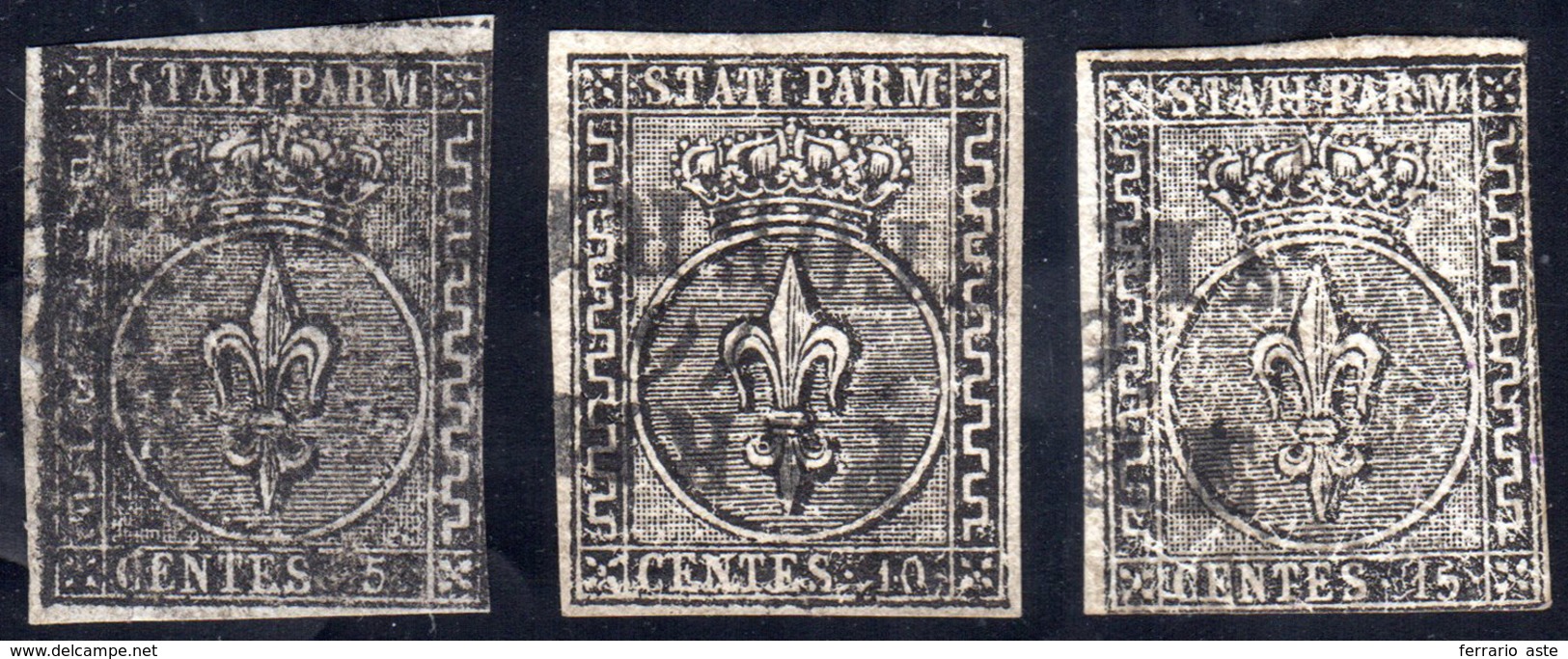 1855 - 5 Cent. Nero Su Bianco, 10 Cent. Nero Su Bianco, 15 Cent. Nero Su Bianco, Prove Di Stampa (P1... - Parma