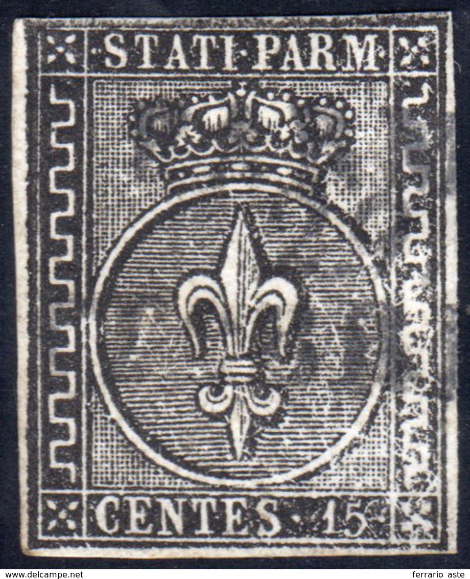 1855 - 15 Cent. Nero Su Carta Bianca, Greca Più Larga, Prova Di Stampa (P3b), Stampa Al Verso, Perfe... - Parma