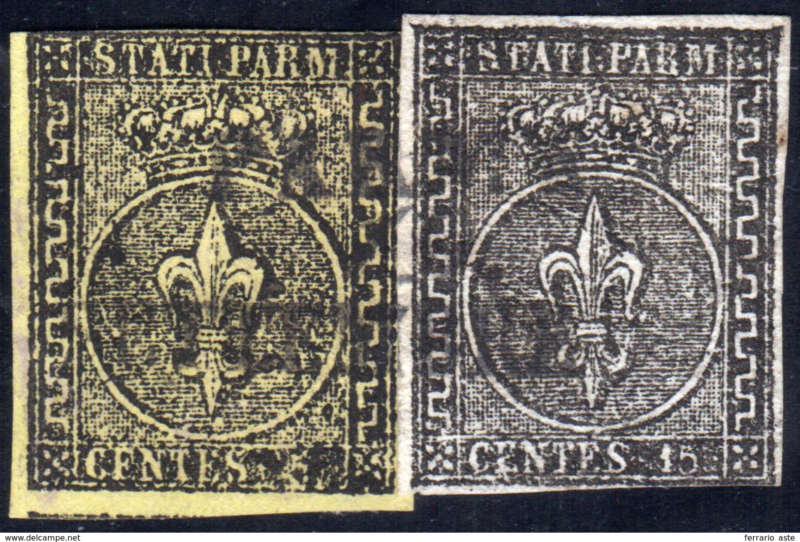1855 - 15 Cent. Nero Su Carta Bianca, Prova Di Stampa, In Affrancatura Mista Con 5 Cent. Giallo Chia... - Parma