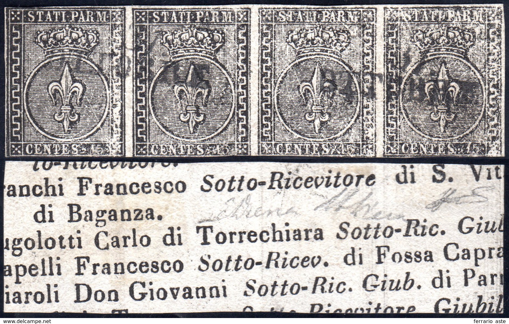 1855 - 15 Cent. Nero Su Bianco, Prove Di Stampa, Stampa Al Verso (P3), Striscia Orizzontale Di Quatt... - Parma