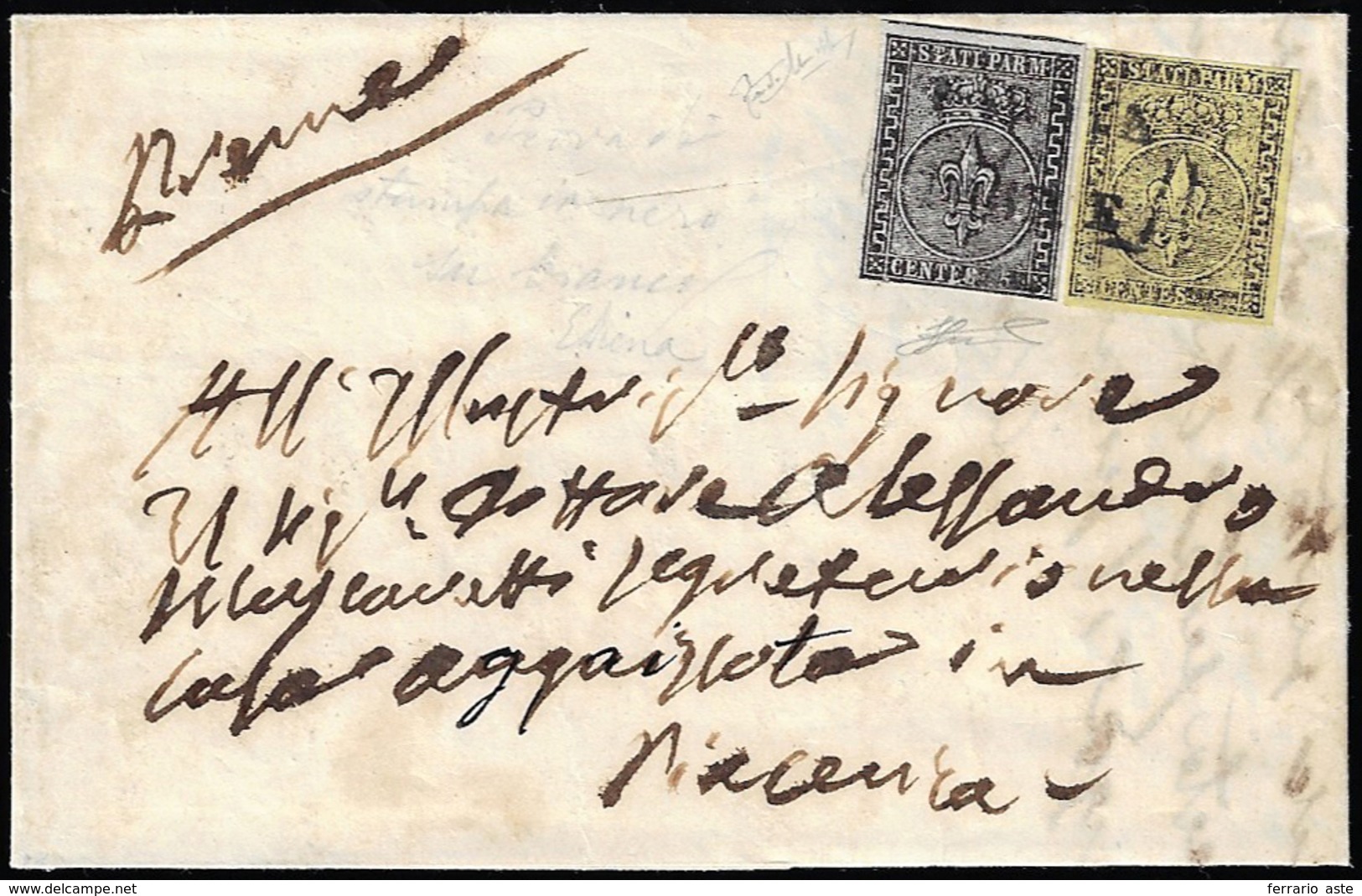 1855 - 5 Cent. Nero Su Carta Bianca, Prova Di Stampa Con Stampa Al Verso, In Affrancatura Mista Con ... - Parma