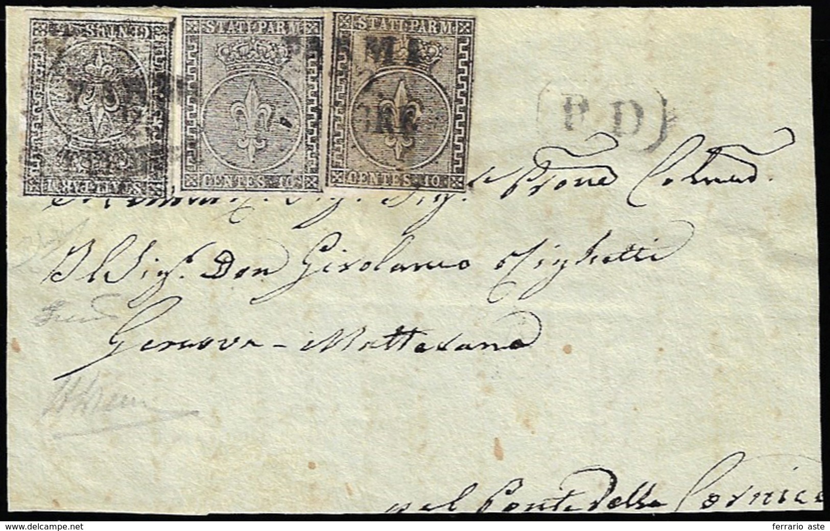 1855 - 15 Cent. Nero Su Carta Bianca Vergata Orizzontalmente, Prova Di Stampa, In Affrancatura Mista... - Parma
