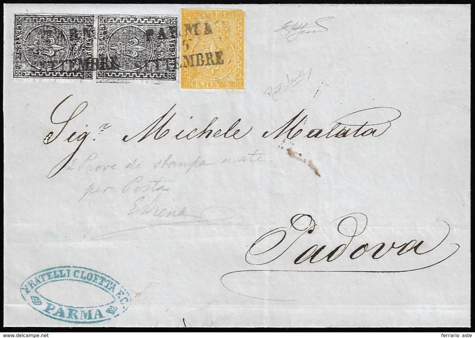 1855 - 15 Cent. Nero Su Carta Bianca, Prova Di Stampa In Coppia Perfetta E Ben Marginata, Con Il Pri... - Parma