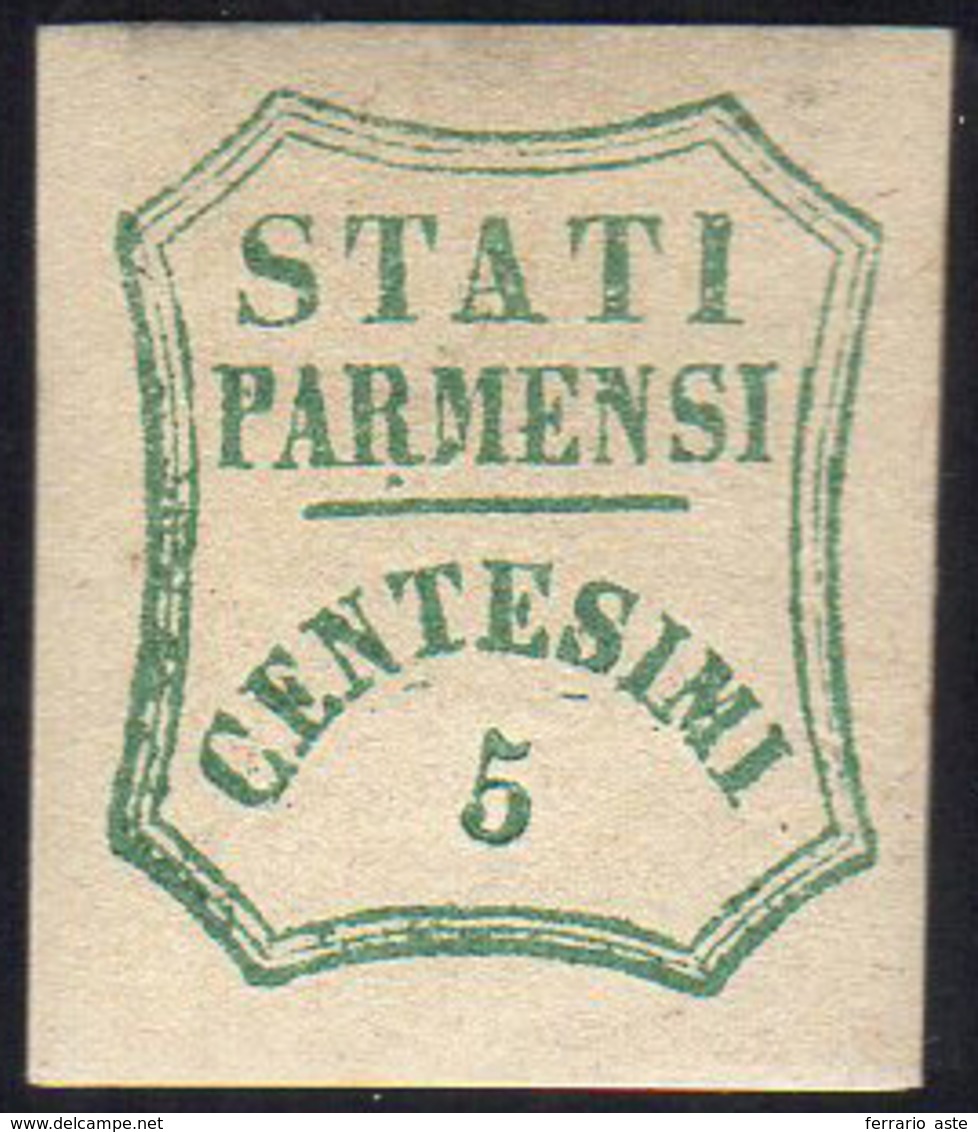 1859 - 5 Cent. Verde Azzurro, I Composizione (12), Gomma Originale, Perfetto. A.Diena, Sorani, Cert.... - Parma