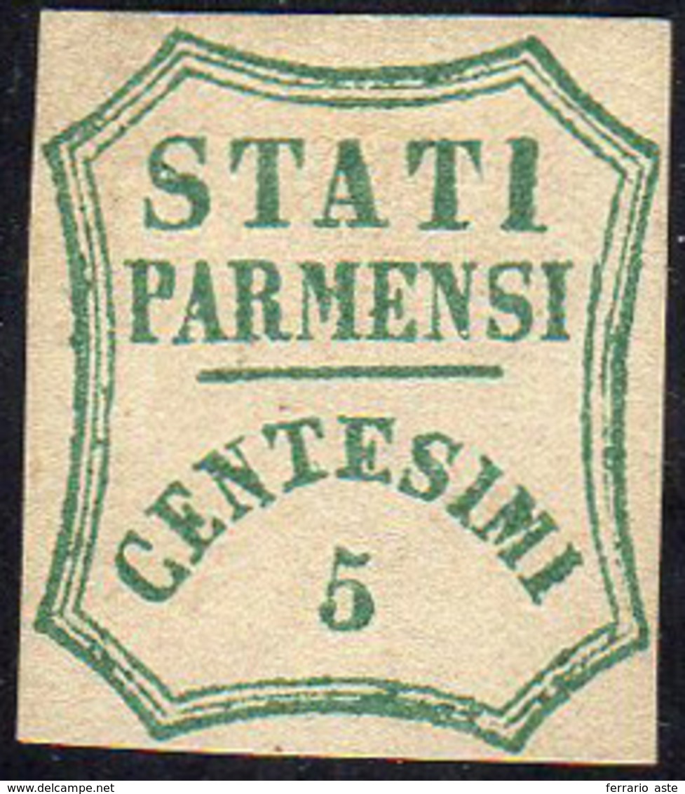 1859 - 5 Cent. Verde Azzurro, I Composizione (12), Gomma Originale, Perfetto. G.Oliva, Cert. Diena.... - Parma