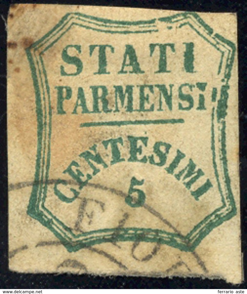 1859 - 5 Cent. Verde Azzurro, I Composizione (12), Usato, Difettoso. Cert. Diena.... - Parma