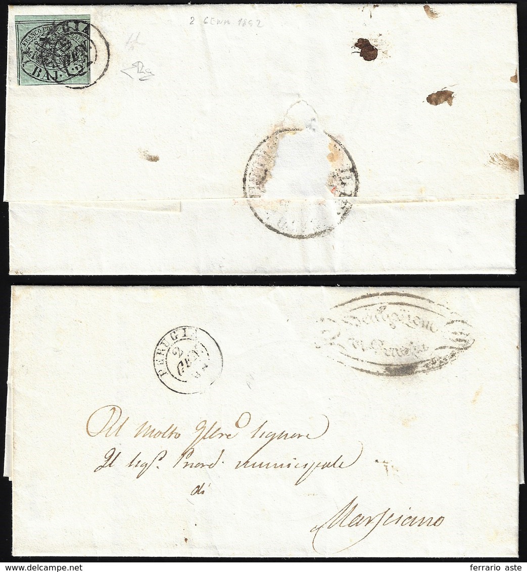 1852 - 1 Baj Verde Grigiastro (2), Perfetto, Al Verso Di Lettera In Porto Assegnato Da Perugia 2/1/1... - Papal States
