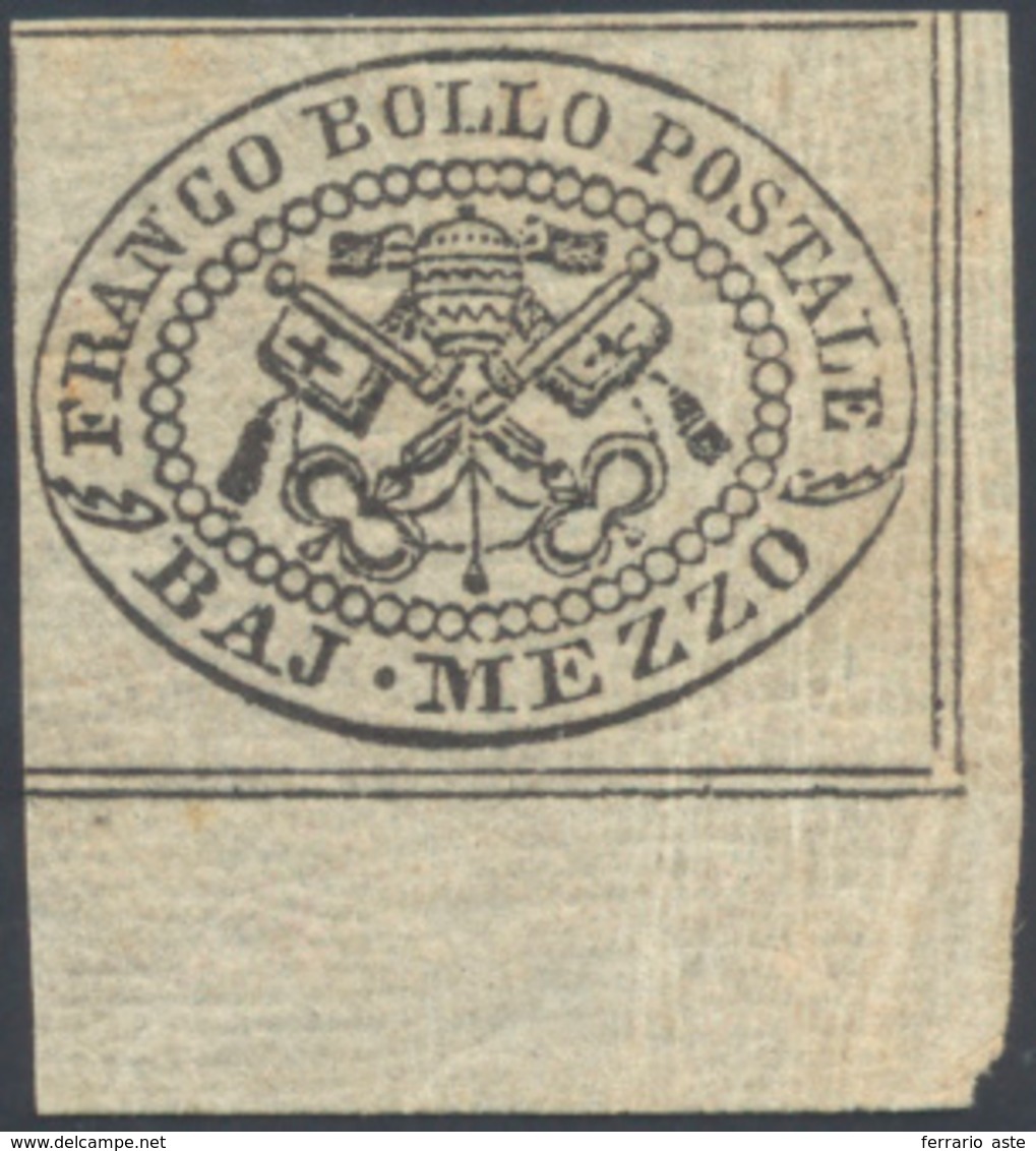 1852 - 1/2 Baj Grigio (1), Angolo Di Foglio, Gomma Originale, Perfetto. Emilio Diena.... - Estados Pontificados