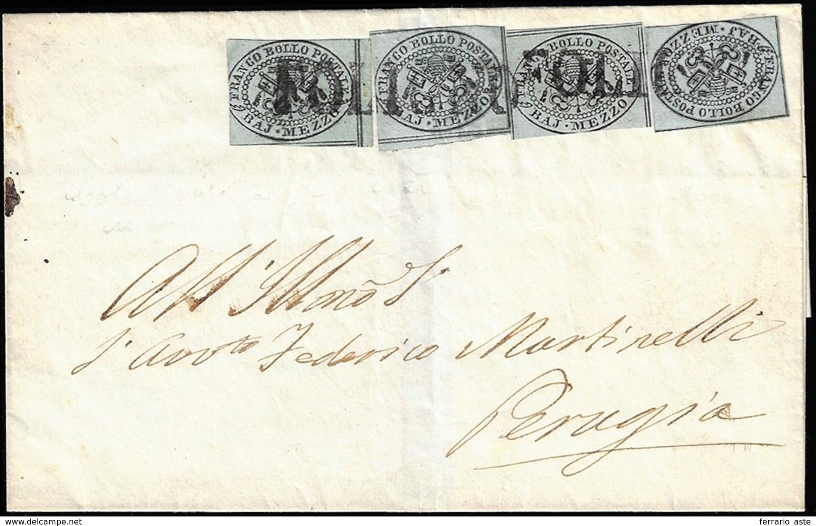 1854 - 1/2 Baj Grigio Azzurro (1a), Quattro Esemplari, Tre Con Stampati Con Inchiostro Nero Oleoso, ... - Papal States