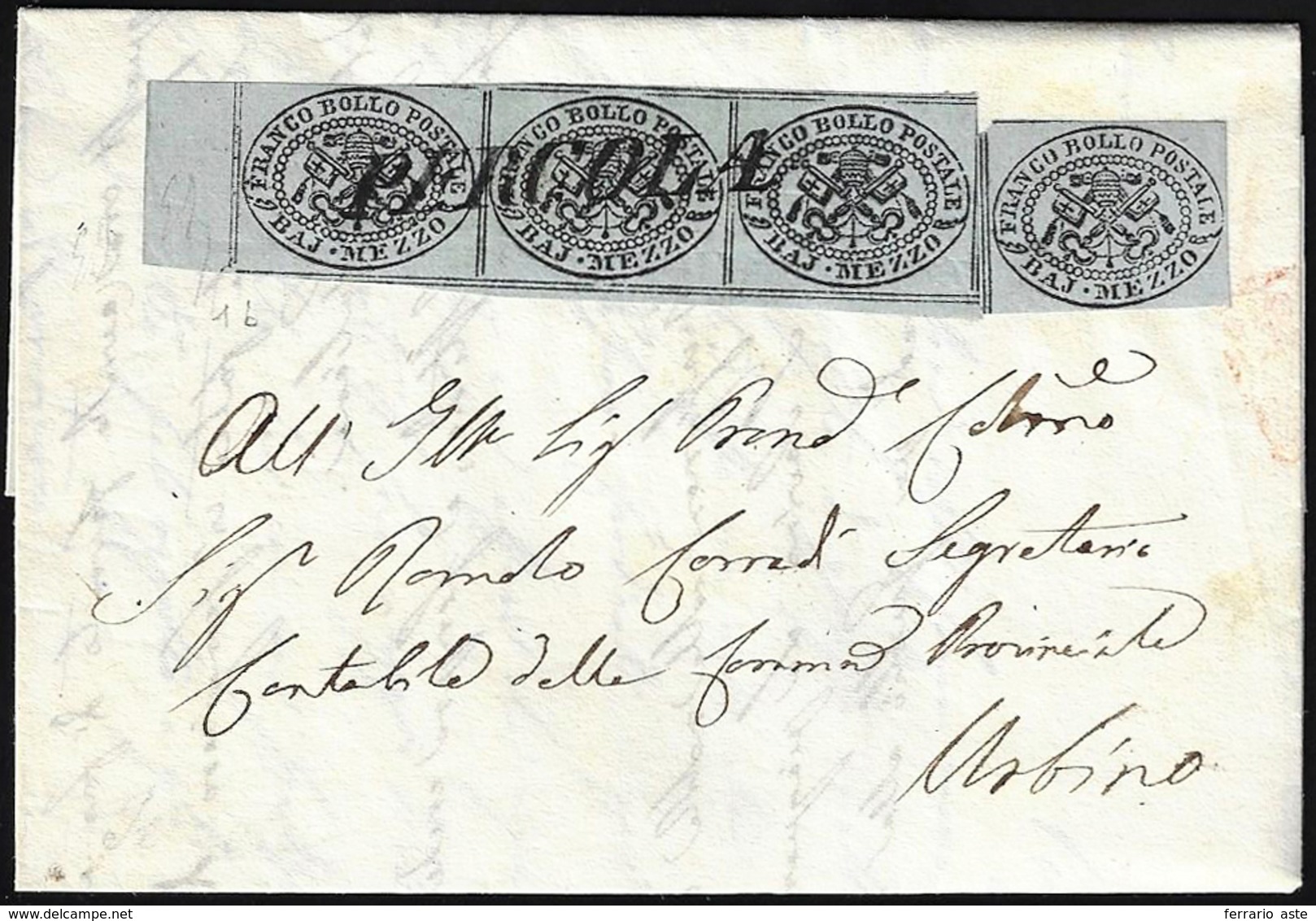 1854 - 1/2 Baj Grigio Azzurro, Inchiostro Nero Oleoso (1a), Striscia Di Tre E Singolo, Non Annullato... - Papal States