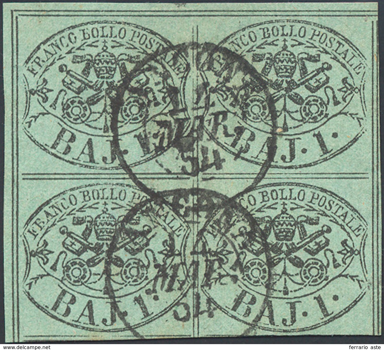1852 - 1 Baj Verde Grigiastro (2), Blocco Di Quattro, I Due Esemplari Superiori "otto Filetti", Usat... - Papal States