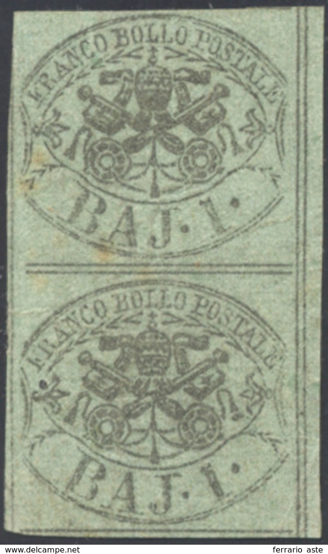 1854 - 1 Baj Verde Grigiastro, Stampa Con Inchiostro Grigio Oleoso (2b), Nuovo, Senza Gomma, Coppia ... - Papal States