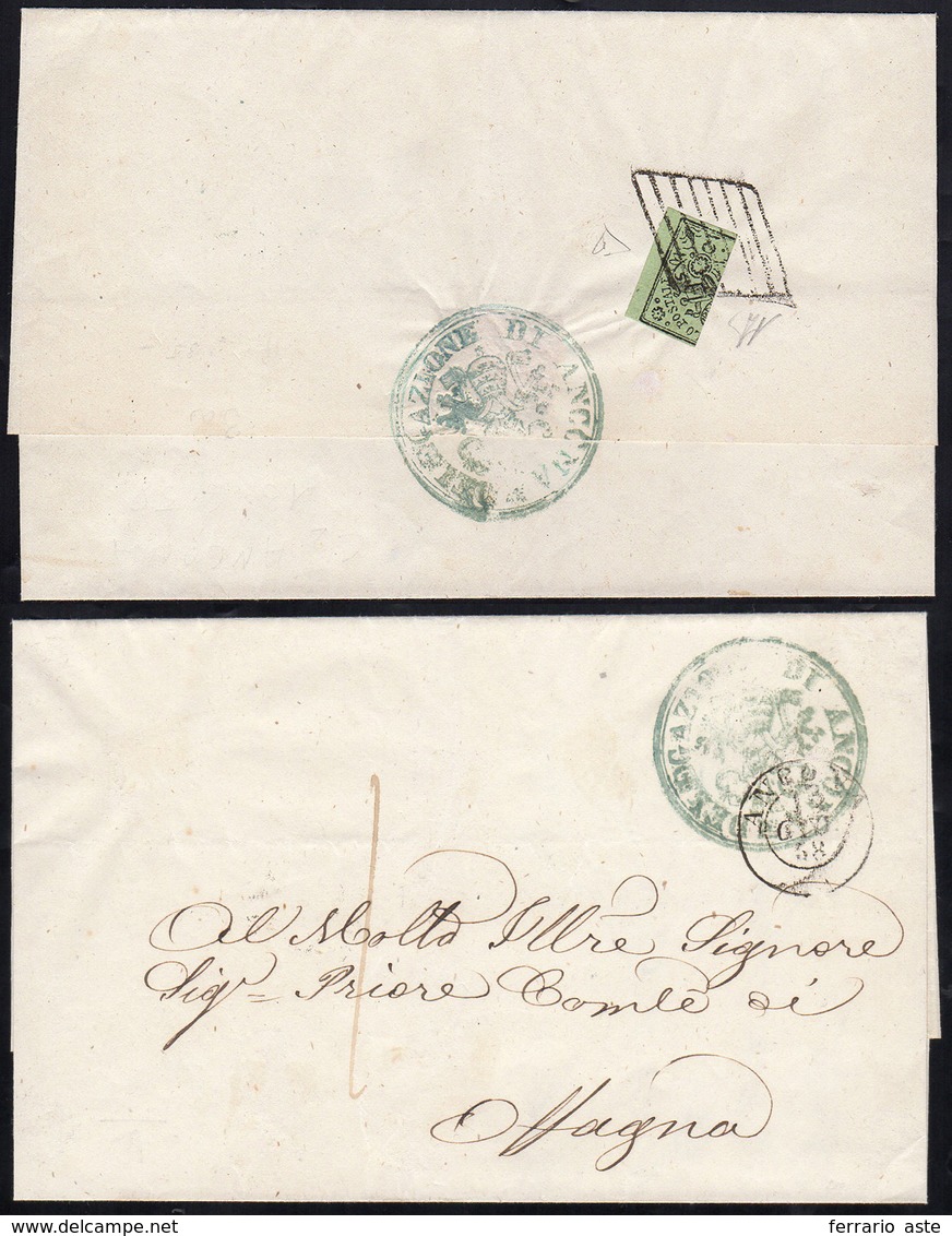 1858 - 2 Baj Verde Giallastro (3a), Frazionato Verticalmente, Perfetto, Al Verso Di Sovracoperta Di ... - Papal States