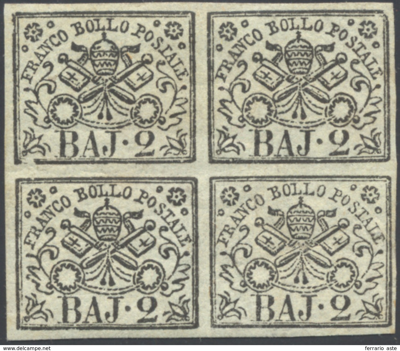 1852 - 2 Baj Grigio Azzurrastro, Carta Sottile (3Ab), Blocco Di Quattro, Gomma Originale, Perfetto. ... - Papal States